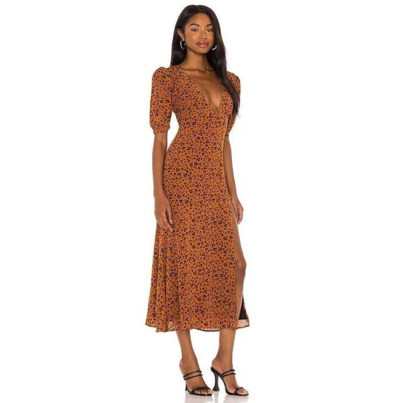 Privacy Please Emmy Midi Dress Women's Size Small Copper Leopard Print V-Neck - Picture 3 of 8